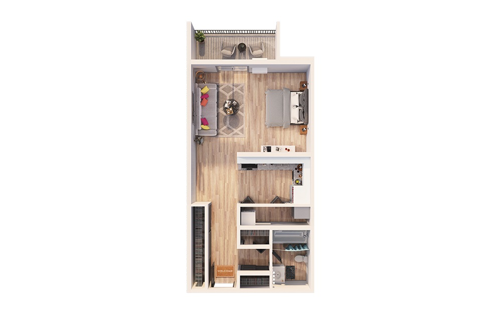 Mockingbird - Studio floorplan layout with 1 bath and 520 square feet.