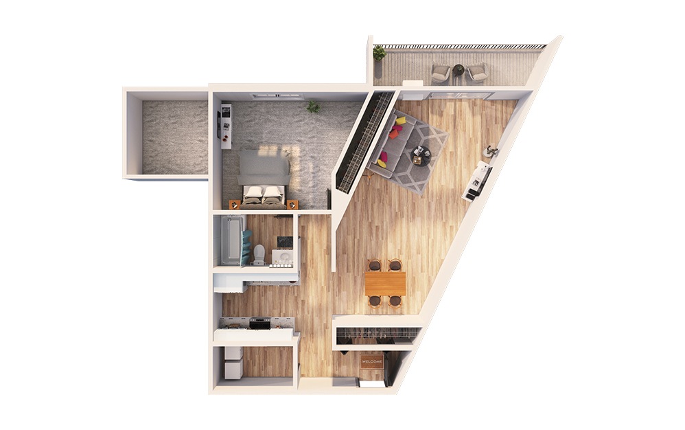 Meadowlark - 1 bedroom floorplan layout with 1 bath and 734 square feet.