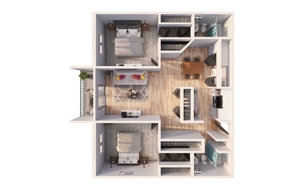 Starling - 2 bedroom floorplan layout with 2 baths and 1039 square feet.