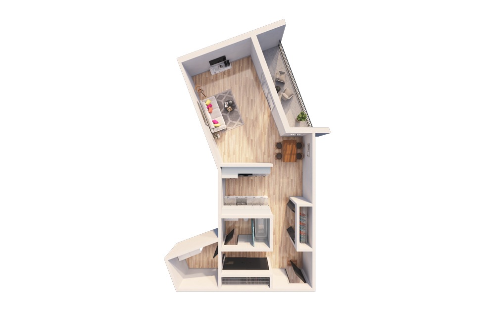 Bluebird - Studio floorplan layout with 1 bath and 602 square feet.