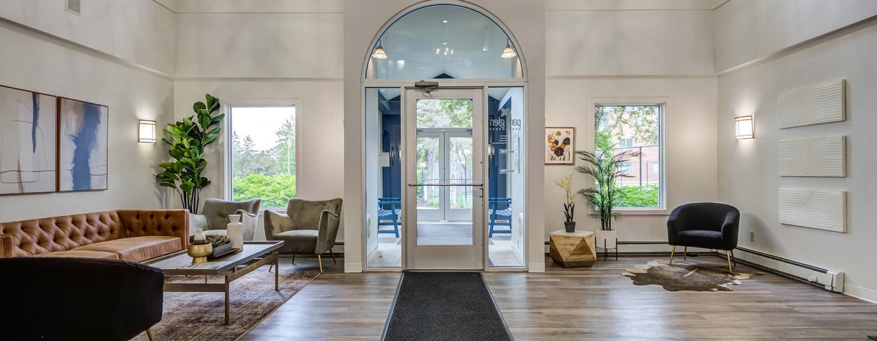 large lobby with high ceilings and chandeliers